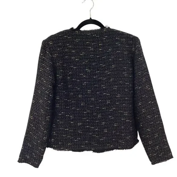 Anine Bing Tweed Navy Blue Gold Fringed Raw Hemline Jacket Blazer Size Small